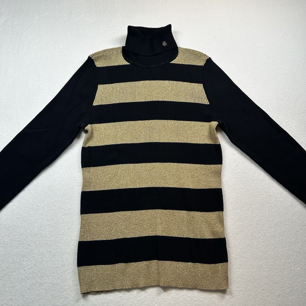 Lauren Ralph Lauren Black Gold Metallic Striped Turtleneck Sweater Women's XL‎